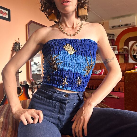 1990s Caribbean Sun ruched starfish ocean print tube top! - Picture 3 of 12